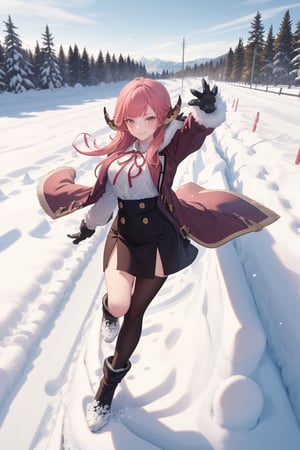 masterpiece, best quality, 1girl, smirk, leaping, from above, looking at viewer, snow, snow flowers, dirt road, euladef, pov,arudef,best quality,1girl锛�