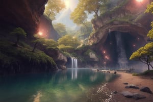 Fantasy landscape, towering mountains, lush forests, rolling hills, sparkling rivers, shimmering lakes, enchanted meadows, mysterious caves, hidden waterfalls,  celestial lights, masterpiece, noridc setting, best quality, high quality, extremely detailed CG unity 8k wallpaper ,award winning photography, Bokeh, Depth of Field, HDR, bloom, Chromatic Aberration ,Photorealistic,extremely detailed, trending on artstation, trending on CGsociety, Intricate, High Detail, dramatic, art by midjourney