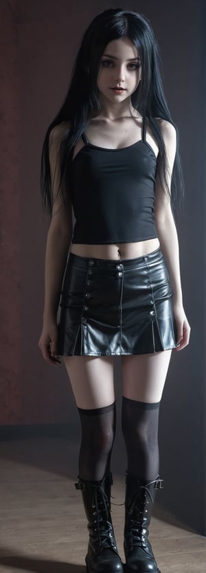 Create a cinematic shot of a realistic, full-length girl, alone, indoors. The girl has long black hair, a smile, and is wearing a short skirt, shirt, tights and high boots. She stands and looks at the viewer. Enhance the atmosphere with bright shadows and use all artistic styles. Capture the highest quality scene detail at its extreme, using light to its full potential. Make sure the end result is 32K Ultra HD to showcase creativity and realism. Don't forget to add an element of surprise by showing the girl's bikini hidden under tights.,rubber_hose_character,LegendDarkFantasy, goth person,Rave Metallic Booty Shorts,punishnun,flat chested