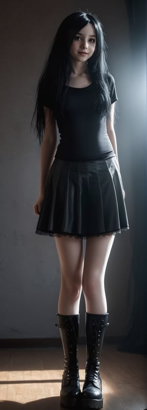 Create a cinematic shot of a realistic, full-length girl, alone, indoors. The girl has long black hair, a smile, and is wearing a short skirt, shirt, tights and high boots. She stands and looks at the viewer. Enhance the atmosphere with bright shadows and use all artistic styles. Capture the highest quality scene detail at its extreme, using light to its full potential. Make sure the end result is 32K Ultra HD to showcase creativity and realism. Don't forget to add an element of surprise by showing the girl's bikini hidden under tights.,rubber_hose_character,LegendDarkFantasy, goth person