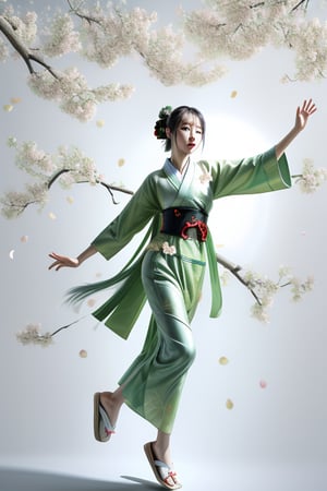 Full-body oil painting, glossy, A simple, high-contrast, 
An exquisitely detailed Impasto Oil Painting, A (Beautiful Thai-Korean Woman) He wears a green floral yukata and white slippers. His body moves fluidly in space, surrounded by floating yellow cherry blossom petals, gathering energy and dance rhythm. The lively contrast against the white background enhances the clarity of his movements, making his presence stand out against the lively scene.