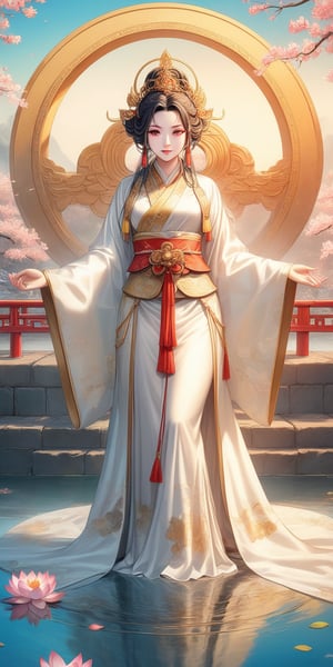 photorealistic, high resolution, 1girl, photo of one of the most well-known figures in Chinese mythology and religion, Guanyin (觀音) is the goddess of mercy and compassion,A colourful lotus pond in the background,
 Guanyin is most commonly depicted as a woman in white robes. ((Full body Ethereal, Ethereal and Delicate Artwork)), vibrant colors, contrasting shadows, aura_glowing, colored_aura, transparent_clothing,guanyin
