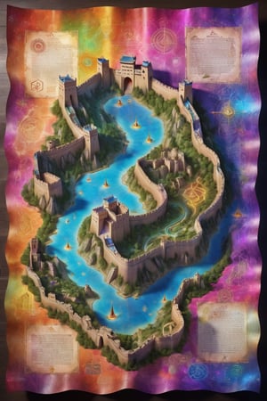 Magic Parchment,Top view of holographic magic map (3-D), The Great Wall of China emerges from the enchanted map, Illuminated by mystical glyphs and pulsating with magical energy, the map is lifted from paper It appears to float and sit on a wizard's desk. magic multicolor ink, high quality, imagination, 8K, fantasy art, vivid magical colors, style painting magic, map, itacstl