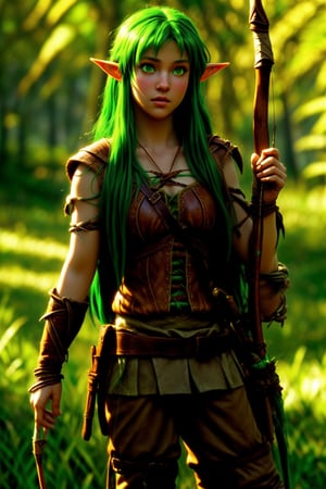 A young female elf archer with long green hair and emerald eyes, wearing a brown leather tunic and pants, holding a longbow, standing in a lush forest at sunset, digital art