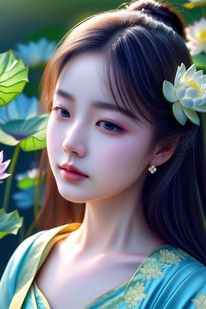 A stunning intimate portrait of Guan Yin, her face radiates compassion and wisdom. Every detail of her soft features, from her soft eyes to her delicate lips, has been meticulously crafted. Her beautiful, flowing hair is adorned with lotus flowers, and a soft glow surrounds her, symbolizing her divine presence.