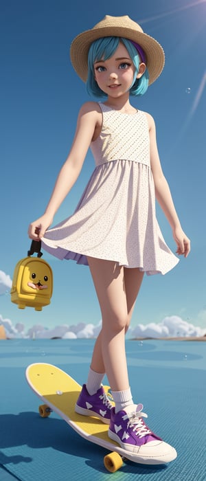 3D rendering in C4d cartoon style,Cute girl with blue hair and purple eyes riding a skateboard, blue background, dynamic display , in a white dress with a colorful polka dot pattern headband , yellow sneakers, white socks with striped soles, wearing a cute hat with candy color patterns in the style of a pop mart blind box toy jelly material, clean background, clay style, bubble mat clay

3D rendering in C4d cartoon style,Cute girl with blue 