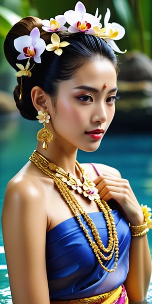 A Thai woman with a beautiful face wearing striking clothes and accessories, her hair tied back with flowers and a blue sash + sarong, her head tied back and wearing gold earrings, necklace and bracelet, she was playing in the water regularly. Various colored orchids and trees Makes you listen like the underground palace is a roof 3 in depth, sharp, detailed control within 4 hd
