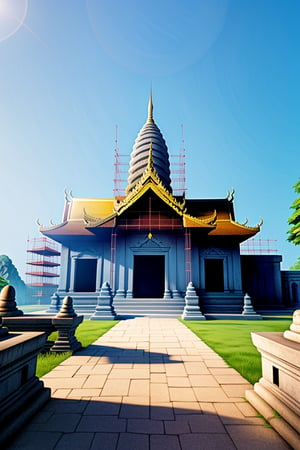 
Create a beautifully rendered and realistic scene that shows a temple under construction with scaffolding around it and a central spy. The sky is likely clear and blue, adding to the overall beauty of the architecture and cultural significance of the temple.