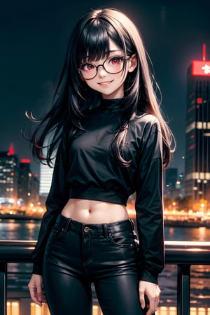 Young Japanese female, (long silky thin black hair), bangs,dark red eyes, black glasses, thin black long sleeve top, tight black jeans, small grin on face, goth, city background, most of body showing
