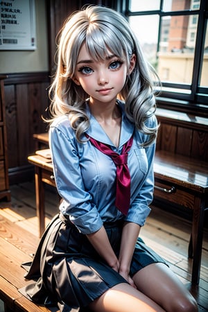 Real, realistic, CGI, 3D Render, Japanese Female, long curly hair, bangs, white hair, blue eyes, medium breast, smiling at look at viewer, sitting on table, School outfit, 