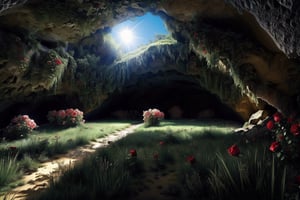 Real, realistic masterpiece, best quality, high resolution, extremely detailed, detailed background, perfect lighting, (sunny cave:1.5),(roses and grass:1.3), detailed background, (inside of cave:1.5), cave ceiling is open with sunlight coming through, post apocalyptic 