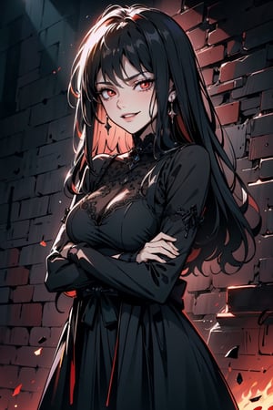 Colorful,masterpiece, best quality, (8k CG, extremely detailed), masterpiece, ultra-detailed, gothic japanese female, black long hair with thick front fringe, serious look, dark red eyes, black suit, arms crossed, looking at viewer while standing against brick wall, evil smile, detailed city background 