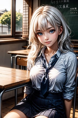 Real, realistic, Japanese Female, long curly hair, bangs, white hair, blue eyes, medium breast, smiling at look at viewer, sitting on table, School outfit, 