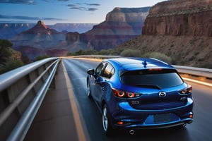 intricate details, DEEP CRYSTAL BLUE MICA Mazda3 hatchback speeding on highway bridge crossing Grand Canyon