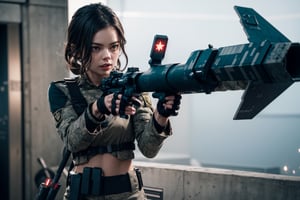 (dark sci-fi style:1), futuristic female soldier firing Bazooka to Star Destroyer(STAR WARS), detailed,Samara Weaving in Guns Akimbo