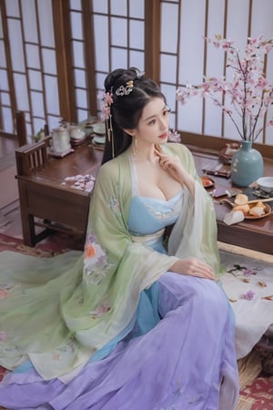 (masterpiece, best quality:1.2),1girl, solo, long hair, black hair,(huge breasts:1.89),Hairpins,necklace, hair ornament, dress, full body, flower, earrings, indoors, hair bun, (purple-green-blue dress:1.29),(Tube top Hanfu long skirt:1.1), pillow, bed, night, chinese clothes, table, branch,daxiushan, ,daxiushan style,(huge breasts:2.59), (full breasts:2.34), realistic,hanfu, daxiushan,Shoulders are exposed, , daxiushan, arien_hanfu,,More Reasonable Details,Xyunluo,Xningyudie