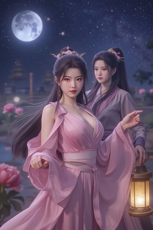  (masterpiece, best quality:1.2),2_girls, navel, solo, midriff, bare shoulders, lantern, hair ornament, flower, hair flower, paper lantern, black hair, red lips,
BREAK, looking at viewer, chinese clothes,(pink color:1.29), (hanfu dress:1.39), 
BREAK,black eyes,blurry, solo focus, long hair, lips, night, lipstick, outdoors, upper body, blurry,(huge breasts:1.59), (Starry sky, Milky Way, shooting stars across the night sky:1.23), solo, makeup, hair bun,Xyunxiao,(Peony,full moon:1.52),wonder beauty