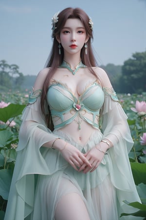  (masterpiece, best quality:1.2),1girl, navel, solo, midriff, bare shoulders, hair ornament, flower, hair flower,, long hair, red lips,
BREAK, (looking at viewer:1.23),(translucent light green-white color dress:1.39),
BREAK,blurry, solo focus, long hair, lips, day, lipstick, outdoors, upper body, blurry,(huge breasts:1.89),(full breasts:1.89),Xyunxiao,(snow,Peony:1.52),(Lotus pond, lotus:1.56), (blue sky:1.23),Xhaiqinyan,XxiaoxunerX,Xhuolinger,(cleavage:2), (sexy,nsfw:2),