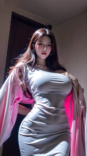  (masterpiece, best quality:1.2),1girl,pink dress,pink tight-fitting dress,ghost,ghost costume,large pink ghost cape,pink cape covering the entire body,(huge breasts:1.49),Xyunxiao,