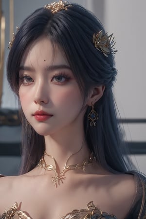 tianqiong,portiart,1girl,jewelry,hair ornament,solo,earrings,long hair,blue eyes,blue hair,looking at viewer,necklace,purple hair,masterpiece,HDR,UHD,8K,best quality,Photographic,,,Xtianqiong,Xyunxiao,full_body