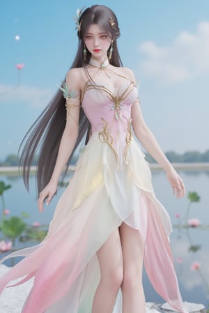  (masterpiece, best quality:1.2),1girl, navel, solo, midriff, bare shoulders, hair ornament, flower, hair flower,, long hair, red lips,
BREAK, (looking at viewer:1.23),(light pink-white color:1.29), (Gradient seven colors rainbow dress:1.39), 
BREAK,blurry, solo focus, long hair, lips, day, lipstick, outdoors, upper body, blurry,(huge breasts:1.39),Xyunxiao,(snow,Peony:1.52),(Lotus pond, lotus:1.32), (blue sky:1.23),Xhaiqinyan,XxiaoxunerX,Xhuolinger