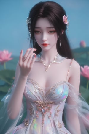  (masterpiece, best quality:1.2),1girl, navel, solo, midriff, bare shoulders, hair ornament, flower, hair flower,, long hair, red lips,
BREAK, (looking at viewer:1.23),(Holographic light pink-blue color:1.29), (Holographic Gradient seven colors rainbow dress:1.39), 
BREAK,blurry, solo focus, long hair, lips, day, lipstick, outdoors, upper body, blurry,(huge breasts:1.39),Xyunxiao,(snow,Peony:1.52),(Lotus pond, lotus:1.32), (blue sky:1.23),Xhaiqinyan,XxiaoxunerX,Xhuolinger