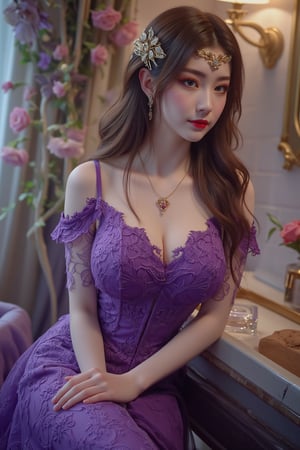 masterpiece,1girl,Realistic style, photo style,(mature female:0.5),tall body,full  body,golden proportions,(Kpop idol),(shiny skin:1.2),(oil skin:1.1),makeup,(close up),depth of field,(closed mouth:0.5),((long wavy brown hair)),(puffy eyes),(eyelashes:1.1),(parted lips:1.1),red lipstick,fantasy art style,dreamy light,(high neck purple wedding dress:1.59),(purple long wedding dress:1.39),(lace:1.49),perfect body,(dusk:1.2),(princess shoes:1.1),(diamond necklace),(crystal hairpin),tyndall effect,highres,(Sitting at the bathroom vanity:1.56), (short lace purple dress:1.59), (big breasts:2.2),(Flowers:1.69)