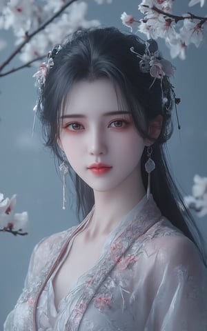 A serene Japanese maiden stands alone against a blurry backdrop of blooming cherry blossom trees. She gazes directly at the viewer with a gentle smile, her parted bangs framing her heart-shaped face. Her black hair cascades down her back, adorned with intricate hair ornaments and hair rings. Red eyes sparkle beneath luscious eyelashes, and her lips curve upward in a subtle grin. A floral print kimono drapes across her upper body, its vibrant colors muted by the soft focus of the background. Delicate earrings and a tassel dangle from her ears as she wears a bow-adorned hairstyle. The camera's shallow depth of field blurs everything except for our subject, emphasizing her captivating presence.,Xlimuwan,Xhaiqinyan,XxiaoxunerX,Xhuolinger