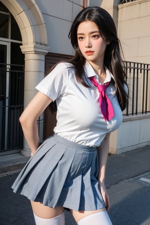 cinematic lighting, Surrealism, chiaroscuro, depth of field, Fujicolor, UHD, textured skin, anatomically correct, high details, award winning, super detail, 16k, retina, 4K, best quality，, solo, 1girl, thighhighs, pink neckerchief, skirt, school uniform, white thighhighs, kitauji high school uniform, pleated skirt,  neckerchief, loafers, photo background, standing, white shirt,  (big breasts:1.59)