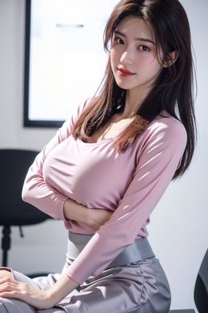 (Best quality, 8k, 32k, Masterpiece, UHD:1.2),Photo of Pretty Japanese girl, 1girl, mid-twenty girl, (medium-short dark brown hair), double eyelids,  long-legged, soft curves, (pink tight fit suit:1.39), (pink shirt, grey skirt:1.36), sitting on office chair, office, florwers, sexy face, seducing smile, look at viewer, exquisite detailed real skin texture,Xyunxiao ,(natural big breasts:1.39)