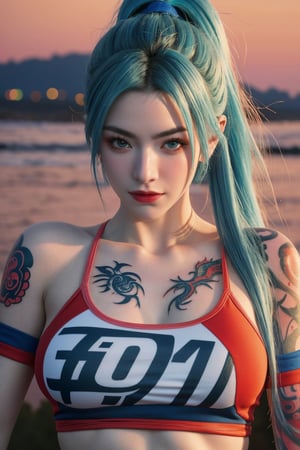 upper_body , score_9, score_8_up, score_7_up, score_6_up, 1girl, long hair,short_ponytail, light blue hair, sunset, grey eyes, plump, realistic, tattoo on body, beautiful mixed detail tattoo, tattoo of, arm tattoo, ((anime girl tattoo wearing dragon ball comic of Japan t-shirt)),smile,looking_at_viewer,(oil shiny skin:0.8), (big_boobs), willowy, chiseled, (hunky:1.8),(perfect anatomy, prefect hand,), 9 head body lenth, dynamic sexy pose, (artistic pose of awoman),from_above, (big breasts:1.39),