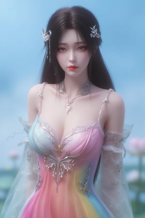  (masterpiece, best quality:1.2),1girl, navel, solo, midriff, bare shoulders, hair ornament, flower, hair flower,, long hair, red lips,
BREAK, (looking at viewer:1.23),(light pink-white color:1.29), (Gradient seven colors rainbow dress:1.39), 
BREAK,blurry, solo focus, long hair, lips, day, lipstick, outdoors, upper body, blurry,(huge breasts:1.39),Xyunxiao,(snow,Peony:1.52),(Lotus pond, lotus:1.32), (blue sky:1.23),Xhaiqinyan,XxiaoxunerX,Xhuolinger