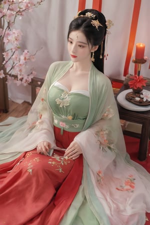 (masterpiece, best quality:1.2),1girl, solo, long hair, black hair,(huge breasts:1.89),Hairpins,necklace, hair ornament, dress, full body, flower, earrings, indoors, hair bun, (red-green dress:1.29),(Tube top Hanfu long skirt:1.1), pillow, bed, night, chinese clothes, table, branch,daxiushan, ,daxiushan style,(huge breasts:2.59), (full breasts:2.34), realistic,hanfu, daxiushan,Shoulders are exposed, , daxiushan, arien_hanfu,,More Reasonable Details,Xyunluo,Xningyudie