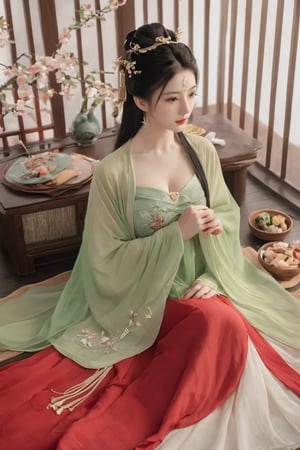 (masterpiece, best quality:1.2),1girl, solo, long hair, black hair,(huge breasts:1.89),Hairpins,necklace, hair ornament, dress, full body, flower, earrings, indoors, hair bun, (red-green dress:1.29),(Tube top Hanfu long skirt:1.1), pillow, bed, night, chinese clothes, table, branch,daxiushan, ,daxiushan style,(huge breasts:2.39), (full breasts:2.34), realistic,hanfu, daxiushan,Shoulders are exposed, , daxiushan, arien_hanfu,,More Reasonable Details,Xyunluo,Xningyudie