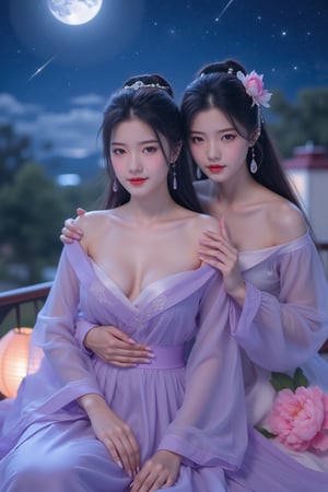  (masterpiece, best quality:1.2),2_girls, navel, solo, midriff, bare shoulders, lantern, hair ornament, flower, hair flower, paper lantern, black hair, red lips,
BREAK, looking at viewer, chinese clothes, (light purple hanfu dress:1.39), 
BREAK,black eyes,blurry, solo focus, long hair, lips, night, lipstick, outdoors, upper body, blurry,(huge breasts:1.79), (Starry sky, Milky Way, shooting stars across the night sky:1.23),2 girl, makeup, hair bun,Xyunxiao,(Peony,full moon:1.52),wonder beauty