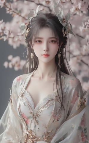 A serene Japanese maiden stands alone against a blurry backdrop of blooming cherry blossom trees. She gazes directly at the viewer with a gentle smile, her parted bangs framing her heart-shaped face. Her black hair cascades down her back, adorned with intricate hair ornaments and hair rings. Red eyes sparkle beneath luscious eyelashes, and her lips curve upward in a subtle grin. A floral print kimono drapes across her upper body, its vibrant colors muted by the soft focus of the background. Delicate earrings and a tassel dangle from her ears as she wears a bow-adorned hairstyle. The camera's shallow depth of field blurs everything except for our subject, emphasizing her captivating presence.,Xlimuwan,Xhaiqinyan,XxiaoxunerX,Xhuolinger