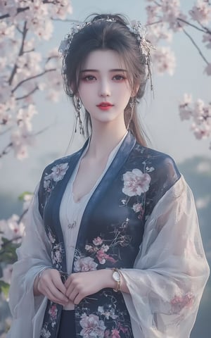 A serene Japanese maiden stands alone against a blurry backdrop of blooming cherry blossom trees. She gazes directly at the viewer with a gentle smile, her parted bangs framing her heart-shaped face. Her black hair cascades down her back, adorned with intricate hair ornaments and hair rings. Red eyes sparkle beneath luscious eyelashes, and her lips curve upward in a subtle grin. A floral print kimono drapes across her upper body, its vibrant colors muted by the soft focus of the background. Delicate earrings and a tassel dangle from her ears as she wears a bow-adorned hairstyle. The camera's shallow depth of field blurs everything except for our subject, emphasizing her captivating presence.,Xlimuwan,Xhaiqinyan,XxiaoxunerX,Xhuolinger