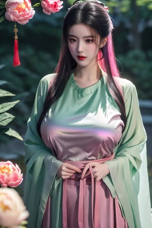 (8k, RAW photo, best quality, masterpiece:1.2), (realistic, photo-realistic:1.2)(raw photo) , detailed and intricate, original,highres,looking at viewer,upper body,black hair,BREAK,(light green|pink clothing:1.39),(big breasts:1.79),Xyunxiao,1girl,(garden,Peony:1.36),BREAK,(Holographic colorful Chinese hanfu:1.26)