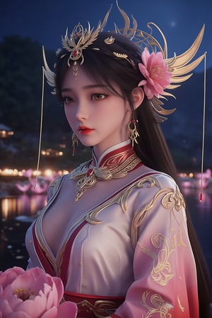  (masterpiece, best quality:1.2),1girl, navel, solo, midriff, bare shoulders, lantern, hair ornament, flower, hair flower, paper lantern, black hair, red lips,
BREAK, (looking at viewer:1.23), chinese clothes,(Holographic light pink-white color:1.29), (Holographic Gradient seven colors rainbow dress:1.39), 
BREAK,black eyes,blurry, solo focus, long hair, lips, night, lipstick, outdoors, upper body, blurry,(huge breasts:1.39),Xyunxiao,(Peony,full moon:1.52),(Lotus pond, lotus:1.32), (Starry sky, Milky Way:1.23),Xhaiqinyan,XxiaoxunerX,Xhuolinger