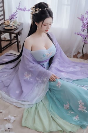 (masterpiece, best quality:1.2),1girl, solo, long hair, black hair,(huge breasts:1.89),Hairpins,necklace, hair ornament, dress, full body, flower, earrings, indoors, hair bun, (purple-green-blue dress:1.29),(Tube top Hanfu long skirt:1.1), pillow, bed, night, chinese clothes, table, branch,daxiushan, ,daxiushan style,(huge breasts:2.59), (full breasts:2.34), realistic,hanfu, daxiushan,Shoulders are exposed, , daxiushan, arien_hanfu,,More Reasonable Details,Xyunluo,Xningyudie