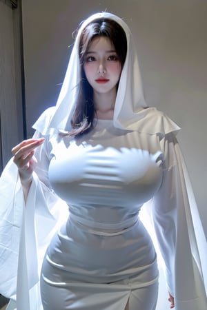  (masterpiece, best quality:1.2),2girl, nkiller,holographic white dress,white tight-fitting dress,black or dark green oval eyes on the hood,ghost,ghost costume,large white ghost cape,white cape covering the entire body,(huge breasts:1.48),Xyunxiao,