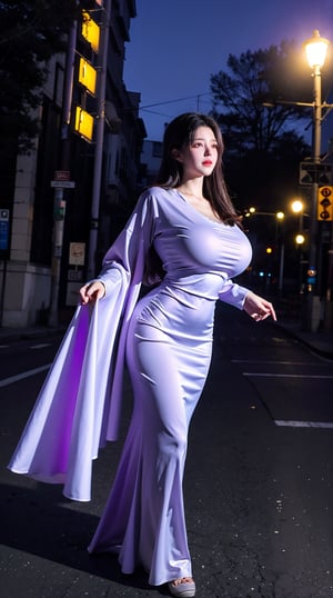  (masterpiece, best quality:1.2),1girl,light purple dress,light purple tight-fitting dress,ghost,ghost costume,large ghost cape,light purple cape covering the entire body,(huge breasts:1.49),Xyunxiao,Xmeidusha,(The background is a street intersection:1.23)