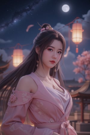  (masterpiece, best quality:1.2),2_girls, navel, solo, midriff, bare shoulders, lantern, hair ornament, flower, hair flower, paper lantern, black hair, red lips,
BREAK, looking at viewer, chinese clothes,(pink color:1.29), (hanfu dress:1.39), 
BREAK,black eyes,blurry, solo focus, long hair, lips, night, lipstick, outdoors, upper body, blurry,(huge breasts:1.59), (Starry sky, Milky Way, shooting stars across the night sky:1.23), solo, makeup, hair bun,Xyunxiao,(Peony,full moon:1.52),wonder beauty