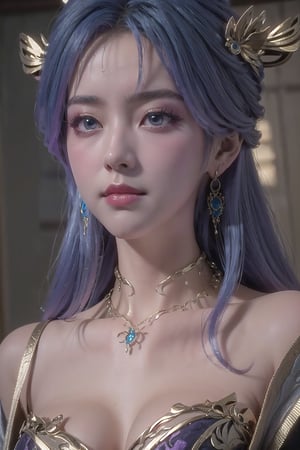 tianqiong,portiart,1girl,jewelry,hair ornament,solo,earrings,long hair,blue eyes,blue hair,looking at viewer,necklace,purple hair,masterpiece,HDR,UHD,8K,best quality,Photographic,,,Xtianqiong,Xyunxiao