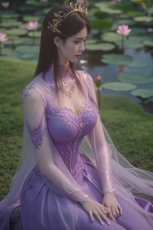 masterpiece,1girl,Realistic style, photo style,(mature female:0.5),tall body,full  body,golden proportions,(Kpop idol),(shiny skin:1.2),(oil skin:1.1),makeup,(close up),depth of field,(closed mouth:0.5),((long wavy brown hair)),(puffy eyes),(eyelashes:1.1),(parted lips:1.1),red lipstick,fantasy art style,dreamy light,(high neck purple wedding dress:1.59),(purple long wedding dress:1.39),(lace:1.49),perfect body,(dreamy veil:1.3),(dusk:1.2),(princess shoes:1.1),(diamond necklace),(crystal hairpin),tyndall effect,highres,(Sitting on the grass by the river:1.56), (lotus pond full of lotus flowers:1.59), (big breasts:2.2),(Flowers:1.69)