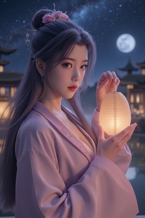  (masterpiece, best quality:1.2),2_girls, navel, solo, midriff, bare shoulders, lantern, hair ornament, flower, hair flower, paper lantern, black hair, red lips,
BREAK, looking at viewer, chinese clothes,(pink color:1.29), (hanfu dress:1.39), 
BREAK,black eyes,blurry, solo focus, long hair, lips, night, lipstick, outdoors, upper body, blurry,(huge breasts:1.79), (Starry sky, Milky Way, shooting stars across the night sky:1.23),2 girl, makeup, hair bun,Xyunxiao,(Peony,full moon:1.52),wonder beauty