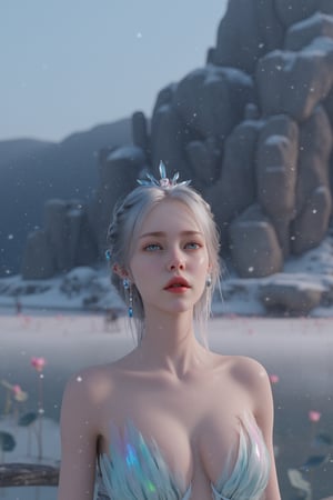  (masterpiece, best quality:1.2),1girl, navel, solo, midriff, bare shoulders, hair ornament, flower, hair flower,, long hair, red lips,
BREAK, (looking at viewer:1.23),(Holographic light pink-blue color:1.29), (Holographic Gradient seven colors rainbow dress:1.39), 
BREAK,blurry, solo focus, long hair, lips, day, lipstick, outdoors, upper body, blurry,(huge breasts:1.39),Xyunxiao,(snow,Peony:1.52),(Lotus pond, lotus:1.32), (blue sky:1.23),Xhaiqinyan,XxiaoxunerX,Xhuolinger