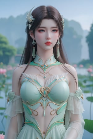  (masterpiece, best quality:1.2),1girl, navel, solo, midriff, bare shoulders, hair ornament, flower, hair flower,, long hair, red lips,
BREAK, (looking at viewer:1.23),(translucent light green-white color dress:1.39),
BREAK,blurry, solo focus, long hair, lips, day, lipstick, outdoors, upper body, blurry,(huge breasts:1.89),(full breasts:1.89),Xyunxiao,(snow,Peony:1.52),(Lotus pond, lotus:1.56), (blue sky:1.23),Xhaiqinyan,XxiaoxunerX,Xhuolinger,(cleavage:2), (sexy,nsfw:2),