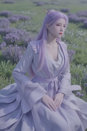 1 girl, (photorealistic:1.2), KOLNB, hanfu, light purple and white dominant, muted color, sit on the field of green grass and Purple lavender fields, view from above, the girl looking up,Xyunxiao,(big breasts:1.79),wonder beauty