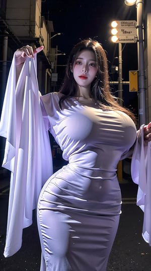  (masterpiece, best quality:1.2),1girl,light purple dress,light purple tight-fitting dress,ghost,ghost costume,large ghost cape,light purple cape covering the entire body,(huge breasts:1.49),Xyunxiao,Xmeidusha,(The background is a street intersection:1.23)